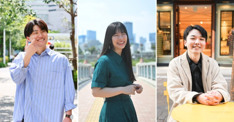 屋外で笑顔を見せる男女3人のポートレート