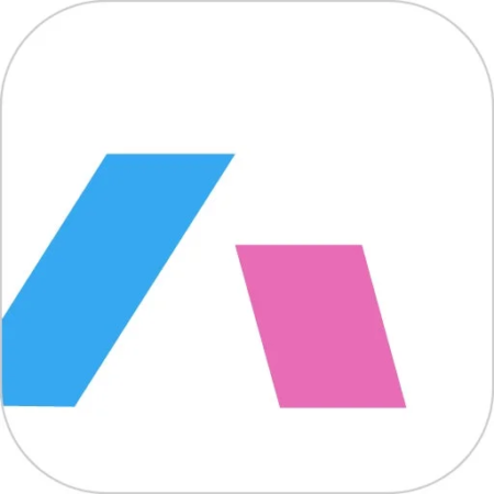 白い背景に青とピンクの抽象的な図形が配置された、角の丸いシンプルなアイコン画像です。ミニマリストなデザインで、ロゴやアプリのアイコンとして使えそうです。