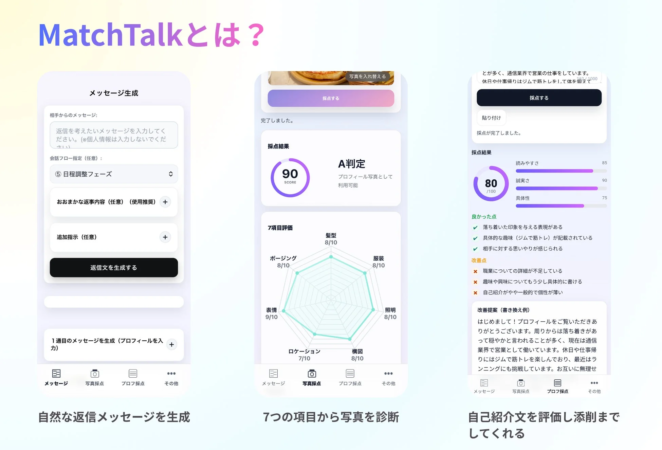 MatchTalkの主な機能を紹介する画像