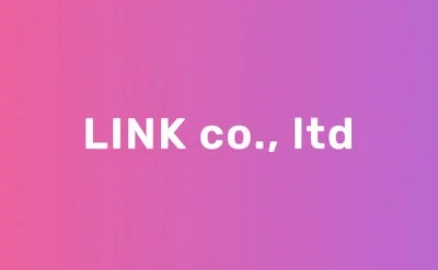ピンクと紫のグラデーション背景に「LINK co., ltd」という白いテキストが中央に表示されている画像です。