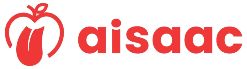 赤いりんごの形をしたロゴと「aisaac」というテキストが描かれた画像です。企業やブランドのロゴとして使用されていると考えられます。