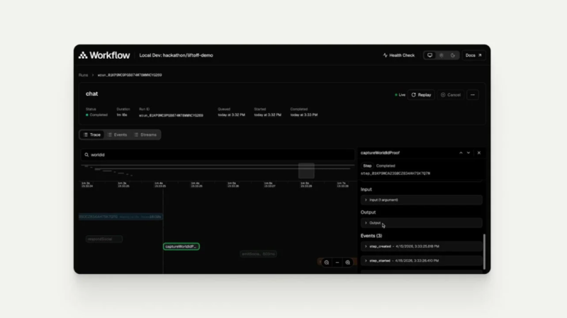 ワークフローの実行状況を示す開発ツールのUI