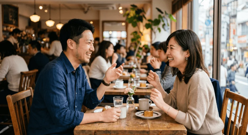 カフェで談笑するカップル