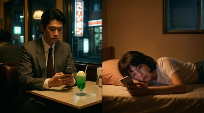 夜のカフェでスマートフォンを見る男性と、ベッドで横になりスマートフォンを操作する女性