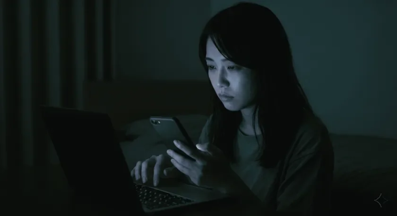 暗い部屋でスマートフォンとノートパソコンを同時に操作する女性