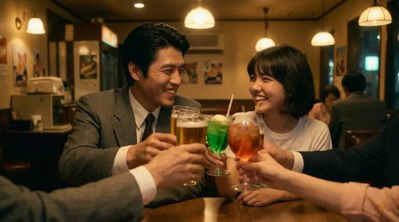 居酒屋のような場所で、男女が笑顔で乾杯している瞬間
