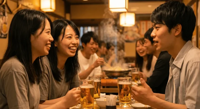 居酒屋で若者たちが笑顔で食事やビールを楽しむ様子