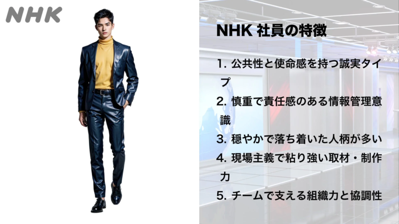 NHKのロゴと男性社員の特徴を箇条書きで示す画像