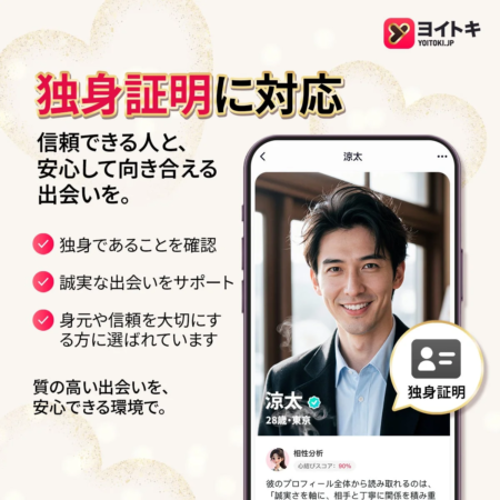 ヨイトキの独身証明対応画面