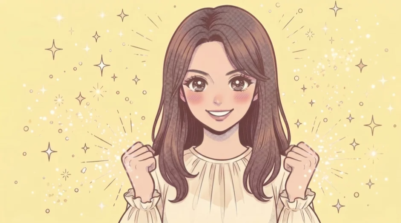 笑顔でガッツポーズをする女性