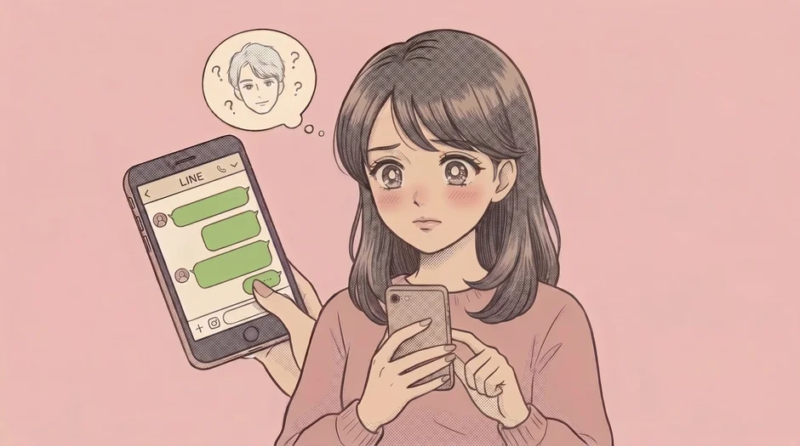 LINEのチャット画面を見ながら困惑する女性