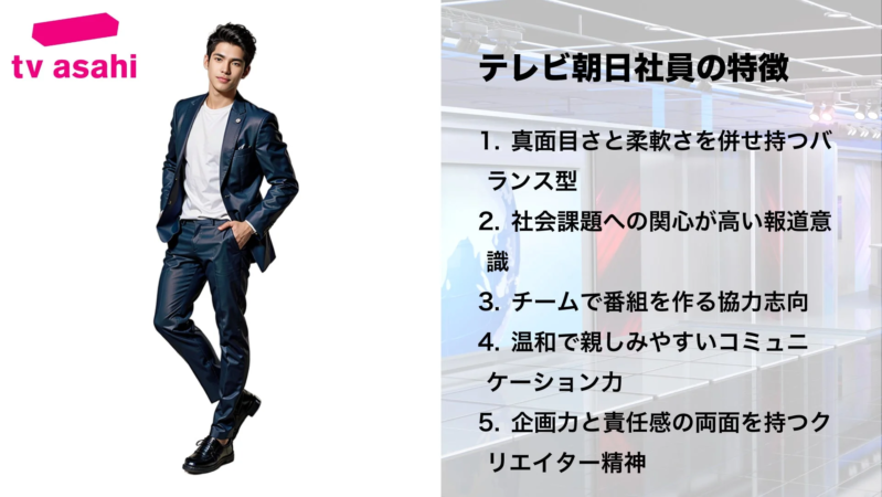 テレビ朝日のロゴと男性社員の特徴を箇条書きで示す画像