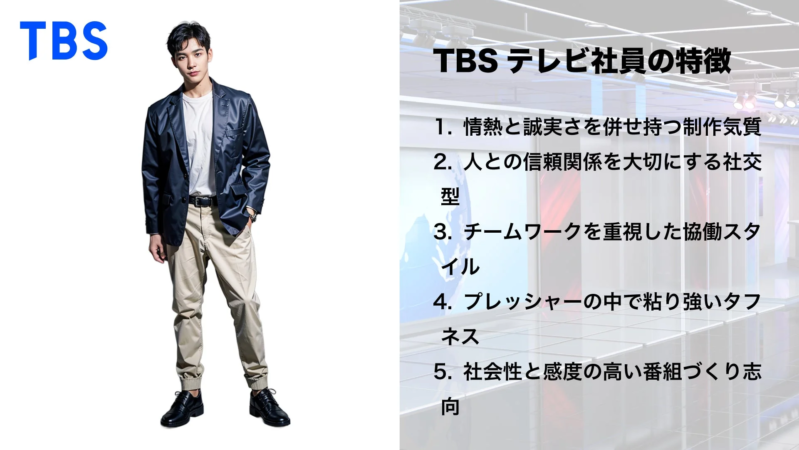 TBSテレビのロゴと男性社員の特徴を箇条書きで示す画像