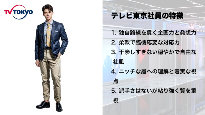 テレビ東京のロゴと男性社員の特徴を箇条書きで示す画像