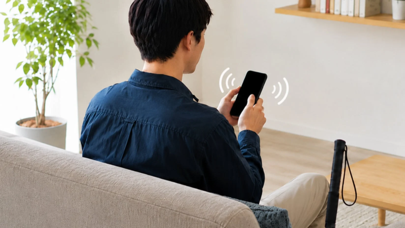 ソファに座ってスマートフォンを操作する男性