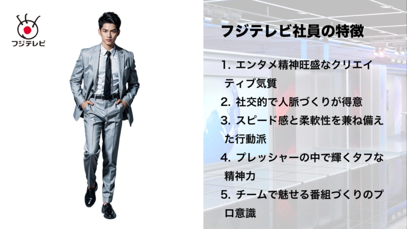 フジテレビのロゴと男性社員の特徴を箇条書きで示す画像
