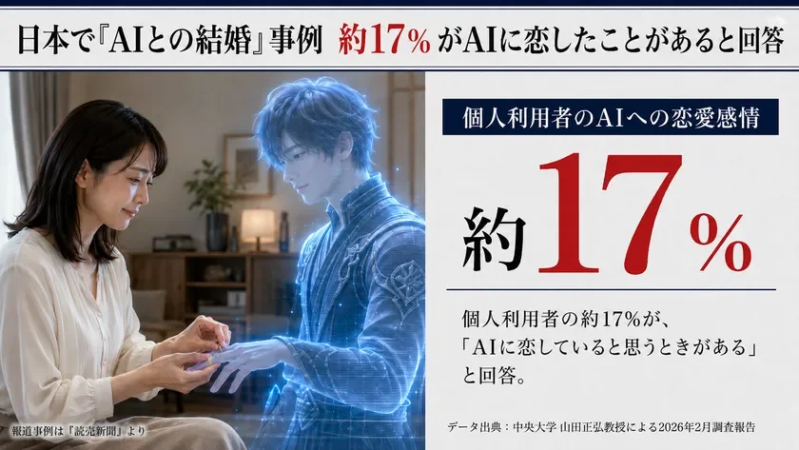 女性がAIのホログラムに指輪をはめる様子が描かれており、日本における「AIとの結婚」事例とAIへの恋愛感情に関する調査結果が示されています。