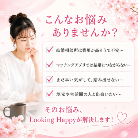 結婚相談所の費用やマッチングアプリの課題、地元での出会いなど、婚活に関する女性の悩みを提示し、「Looking Happy」が解決することをアピールする広告画像です。