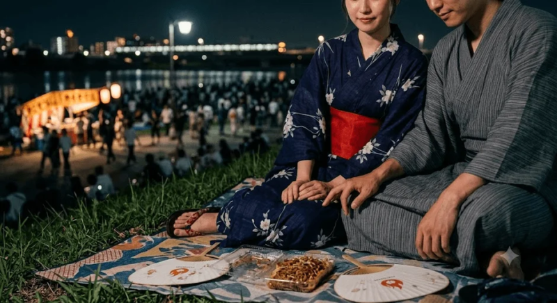 夏祭りの屋台とカップル