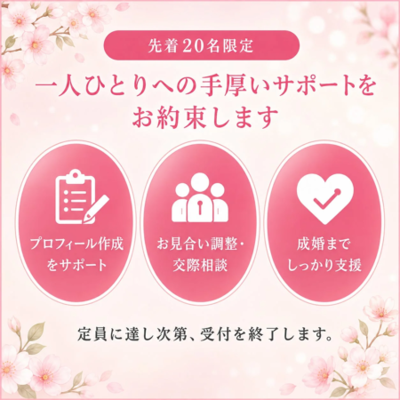 先着20名限定の結婚相談サービス。プロフィール作成からお見合い調整、交際相談、成婚まで一人ひとりに手厚いサポートを提供します。