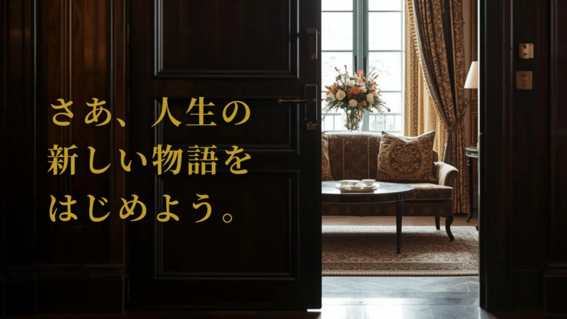 暗い木製のドアが開き、豪華でエレガントなリビングルームが見える。