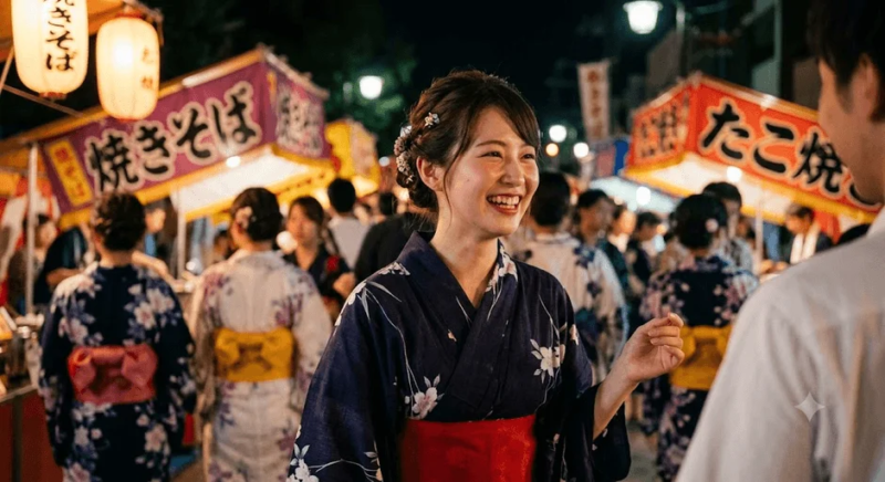 夏祭りの屋台と女性