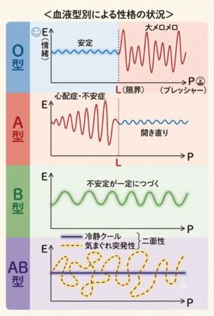 血液型別に性格の状況をグラフで示した図
