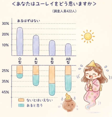 血液型別に幽霊の存在について尋ねたアンケート結果をグラフで示したイラスト