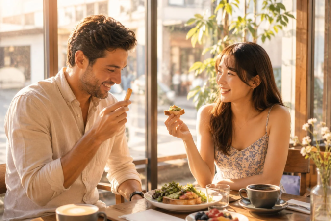 日当たりの良いカフェで笑顔で食事と会話を楽しむ男女のカップル