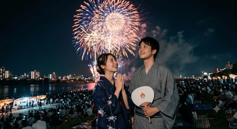 花火を見上げるカップル