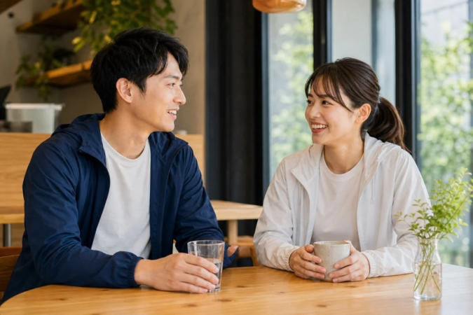 カフェで会話する男女のカップル