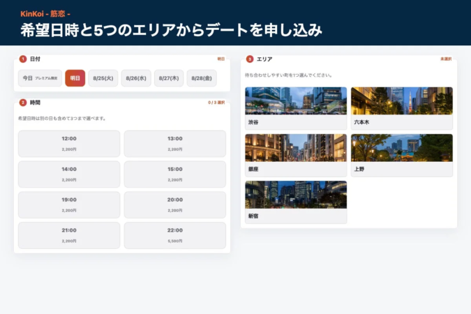 KinKoi - 筋恋 -希望日時と5つのエリアからデートを申し込
